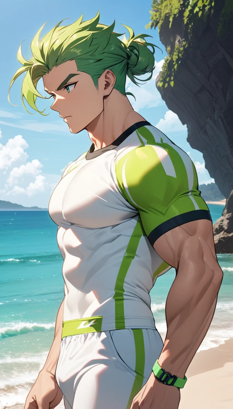 A muscular man wearing green and white fitness clothing，Cool hairstyle，Beach，