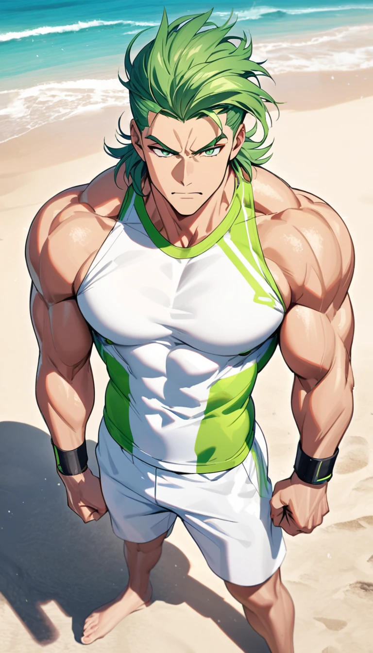 A muscular man wearing green and white fitness clothing,Cool hairstyle,Beach,