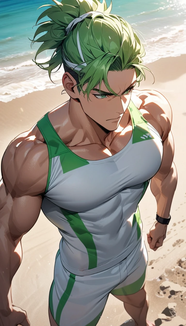 A muscular man wearing green and white fitness clothing,Cool hairstyle,Beach,