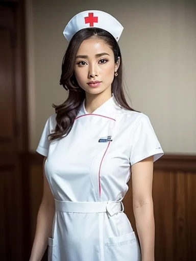 1 Girl,(Wearing white nurse clothes:1.2),(RAW Photos, Highest quality), (Realistic, photo-Realistic:1.4), masterpiece, Very delicate and beautiful, Very detailed, 2k wallpaper, wonderful, finely, Very detailed CG unity 8k wallpaper, Very detailedな, High resolution, Soft Light, Beautiful detailed girl, Very detailed eyes and face, Beautiful and detailed nose, finely beautiful eyes, nurse, Perfect Anatomy, Black Hair, Upstyle, nurse uniform, ((nurse cap)), Long skirt, nurse, White costume, thin, hospital, clear, White Uniform, hospital room, Neck auscultation,Close your face,Upper Body Shot