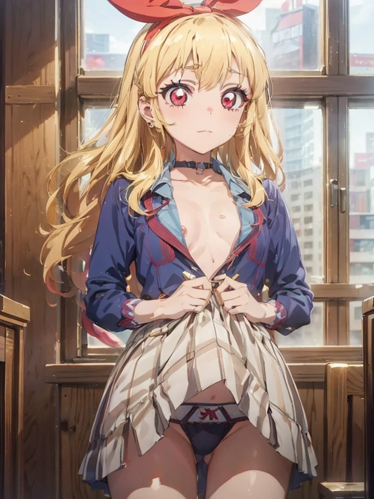 a beautiful female nurse kneeling in a hospital, dressed in nurse's uniform, 1girl, nurse, breasts, nurse cap, solo, blonde hair, thighhighs, cleavage, smile, choker, large breasts, long hair, red eyes, looking at viewer, hat, kitagawa marin, jewelry, black choker, black thighhighs, grin, earrings, piercing, ear piercing, bangs, collarbone,Marin Kitagawa ,Ichigo Hoshimiya (Aikatsu!),lol_i