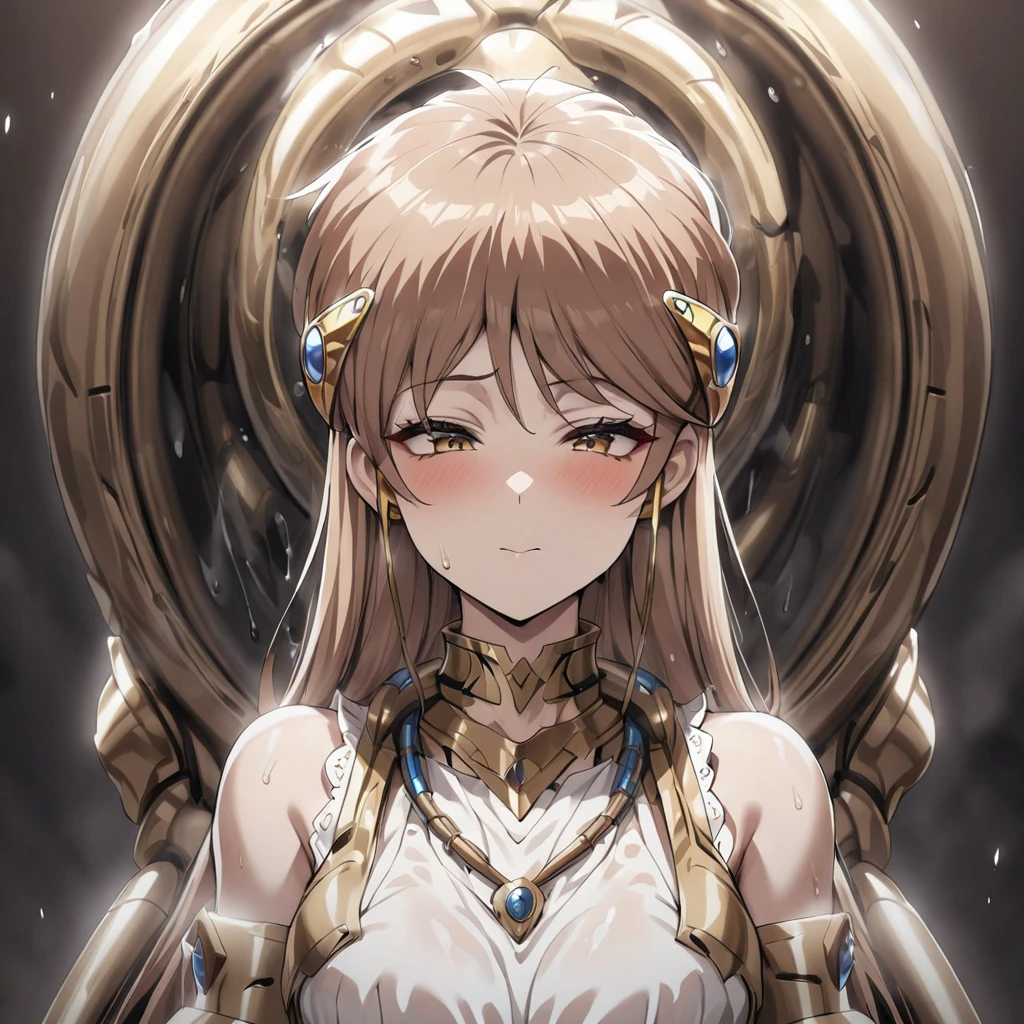 ((Highest quality)), ((masterpiece)), (detailed), （Perfect Face）、The woman is Princess Leona, with medium-long light brown hair, and is trapped inside a large mechanical capsule filled with culture fluid.