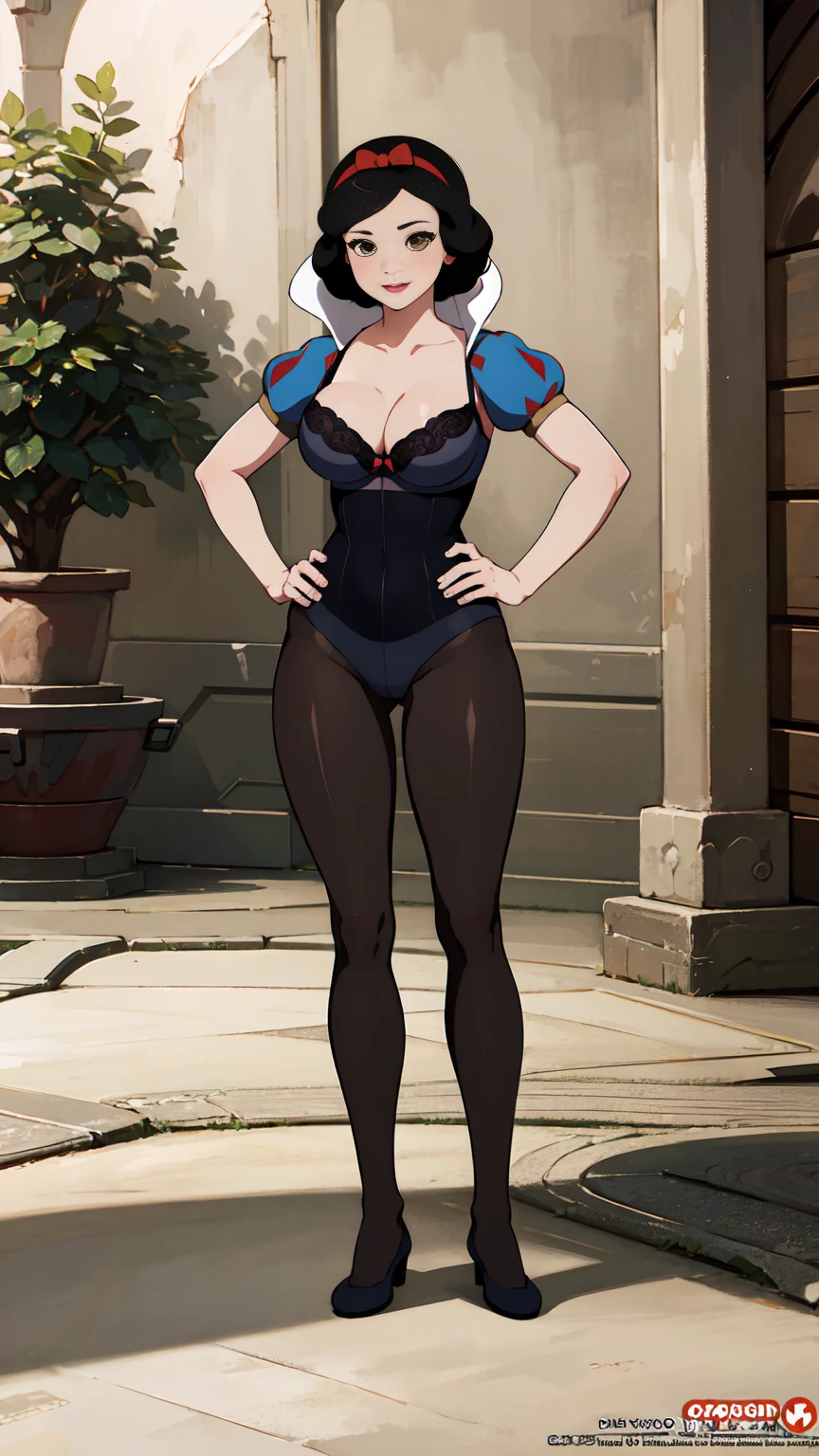 (((full body photo))) 1girl, solo,   snow white, short hair, black hair, bow, brown eyes, handcuffs, high and sexy lingerie, magnificent face, perfect body, provocative, friendly, transparent lingerie, pantyhose, high and sexy legs, wide hips, busty, happy. ((Full body photo, standing, on the floor)) (artwork, maximum quality, best quality, official art, beautiful and aesthetic:1.2), (1 girl:1.4), extremely detailed, Losing money, Sensual, Full body, sensual pose, almost naked
