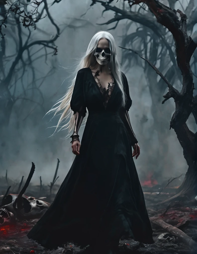 quality(8k wallpaper of extremely detailed CG unit, masterpiece, hight resolution, top-quality, top-quality real texture skin,hyper realisitic, digitial painting,increase the resolution,RAW photos,best qualtiy,highly detailed,the wallpaper),BREAK,8K, Girl standing in dark, dirty black dress, long white hair covers her face, mist, broken trees and messed landscape, skulls, skeletons, rats, horror scene, blood,