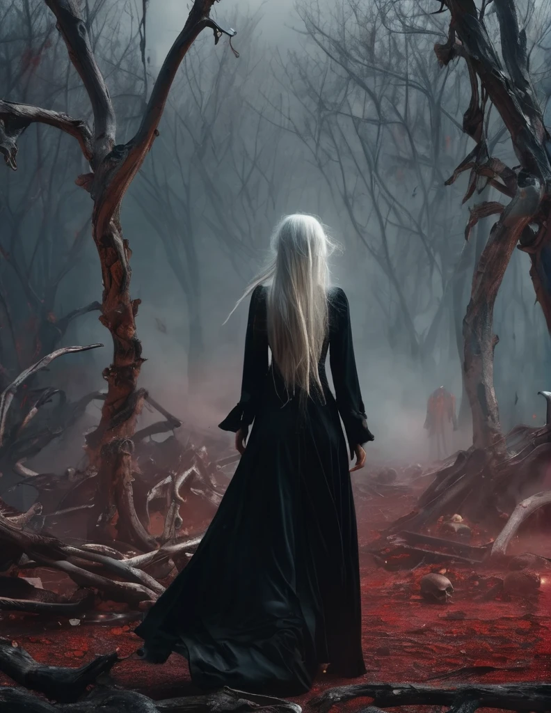 quality(8k wallpaper of extremely detailed CG unit, masterpiece, hight resolution, top-quality, top-quality real texture skin,hyper realisitic, digitial painting,increase the resolution,RAW photos,best qualtiy,highly detailed,the wallpaper),BREAK,8K, Girl standing in dark, dirty black dress, long white hair covers her face, mist, broken trees and messed landscape, skulls, skeletons, rats, horror scene, blood,
