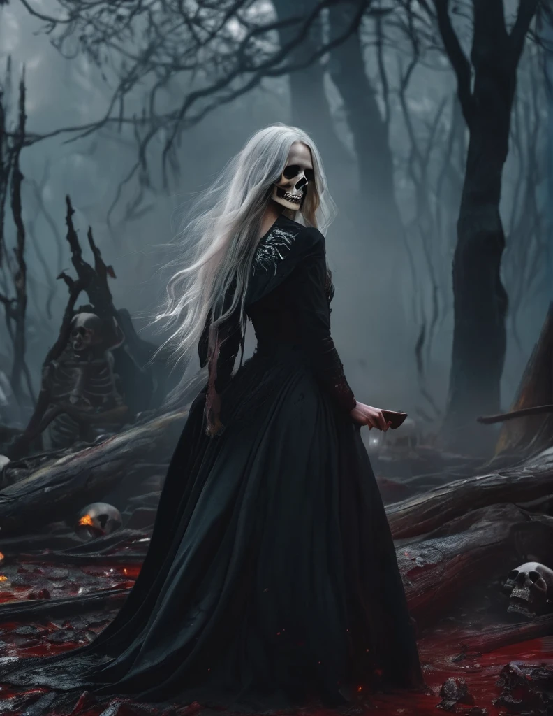 quality(8k wallpaper of extremely detailed CG unit, masterpiece, hight resolution, top-quality, top-quality real texture skin,hyper realisitic, digitial painting,increase the resolution,RAW photos,best qualtiy,highly detailed,the wallpaper),BREAK,8K, Girl standing in dark, dirty black dress, long white hair covers her face, mist, broken trees and messed landscape, skulls, skeletons, rats, horror scene, blood,