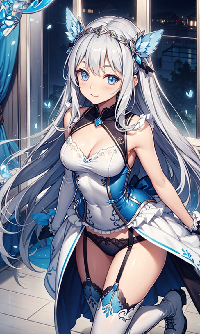 saint，Attractions，Have fun，in love，,underwear，Silver Hair，blue eyes，Delicate hair accessories，Transparent lace，Sky blue pattern，night，Beautifully dressed，Bedroom，The only person，night，Carved suspender boots，Super detailed