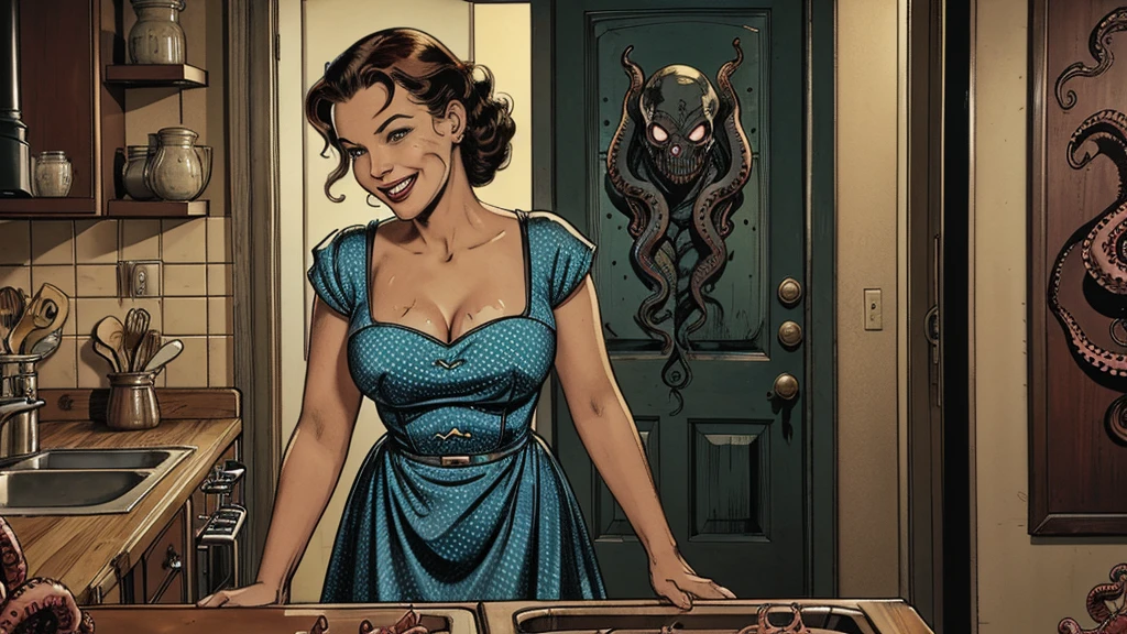 The vintage advertisement appears to celebrate 1950s domesticity at first glance. In the foreground, a smiling housewife poses holding a vintage vacuum, embodying the can-do attitude of the era's homemakers. She wears a classic polka-dot dress with a modest sweetheart neckline that hints at her shapely figure. Perfectly coiffed brunette curls frame her made-up face.
However, a closer look reveals a darker, sinister presence. Looming behind the housewife, visible through the open doorway of her cheerful kitchen, is the unmistakable form of a grotesque, multi-tentacled monster straight out of a sci-fi horror tale. Tentacled monster, tentacled monster, tentacled monster, tentacled monster.
The creature's putrid, gelatinous flesh seems to slough from its pulsating form, already staining the cheerful checkerboard tiles. Countless grotesque appendages whip through the air, knocking over cherry-red kitchen accessories. One deformed tentacle, lined with rows of serrated fangs, creeps ever closer to the oblivious housewife.
But the homemaker's plastic smile remains unwavering, her upbeat pose entirely at odds with the literal kitchen nightmare unfolding behind her. The vacuum she holds looks comically inadequate against the spawning abomination.
The bold text overlay reads: "With Maybelle's, Even Cosmic Horrors Are No Match for a Housewife's Gumption!" The tagline jarringly combines the idyllic 1950s household with a hint of schlocky, drive-in movie camp.
Blending the saccharine-sweet feminine ideals of the era with a full-blown sci-fi monster invasion, the advertisement presents a deliriously incongruous juxtaposition of prim domesticity and terrifying, tentacled chaos.