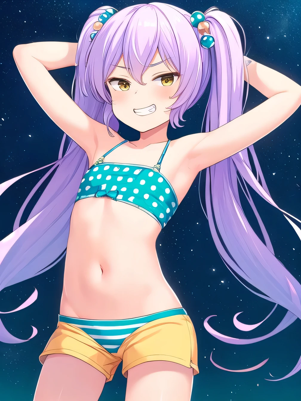 himejimakinoko, solo, 1girl, light purple hair, twintails, hair bobbles, polka dot bikini, very long hair, yellow eyes, striped shorts, flat chest, high quality, solo, night sky, beach, arms behind head, contrapposto, closed mouth, spread armpits, (cowboy shot:1.5), looking at viewer, grin, best quality,