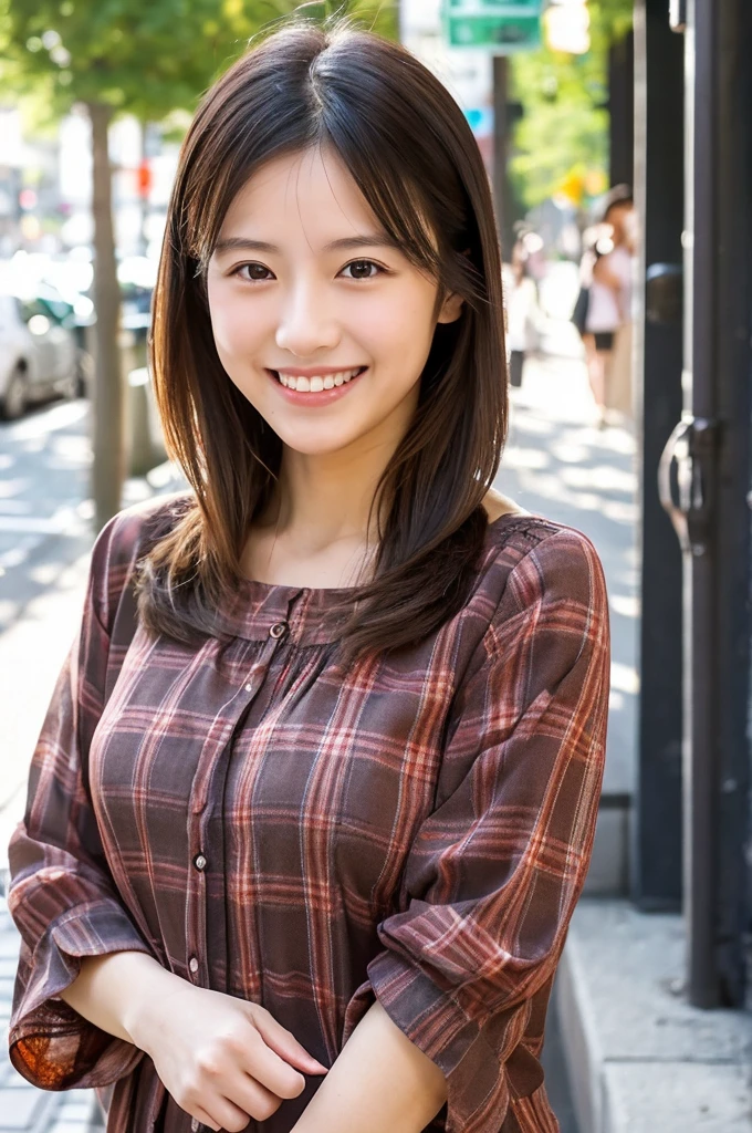 ((Highest quality)), ((masterpiece)), (detailed), Japanese,Beauty,Street Corner,OL,blouse,smile