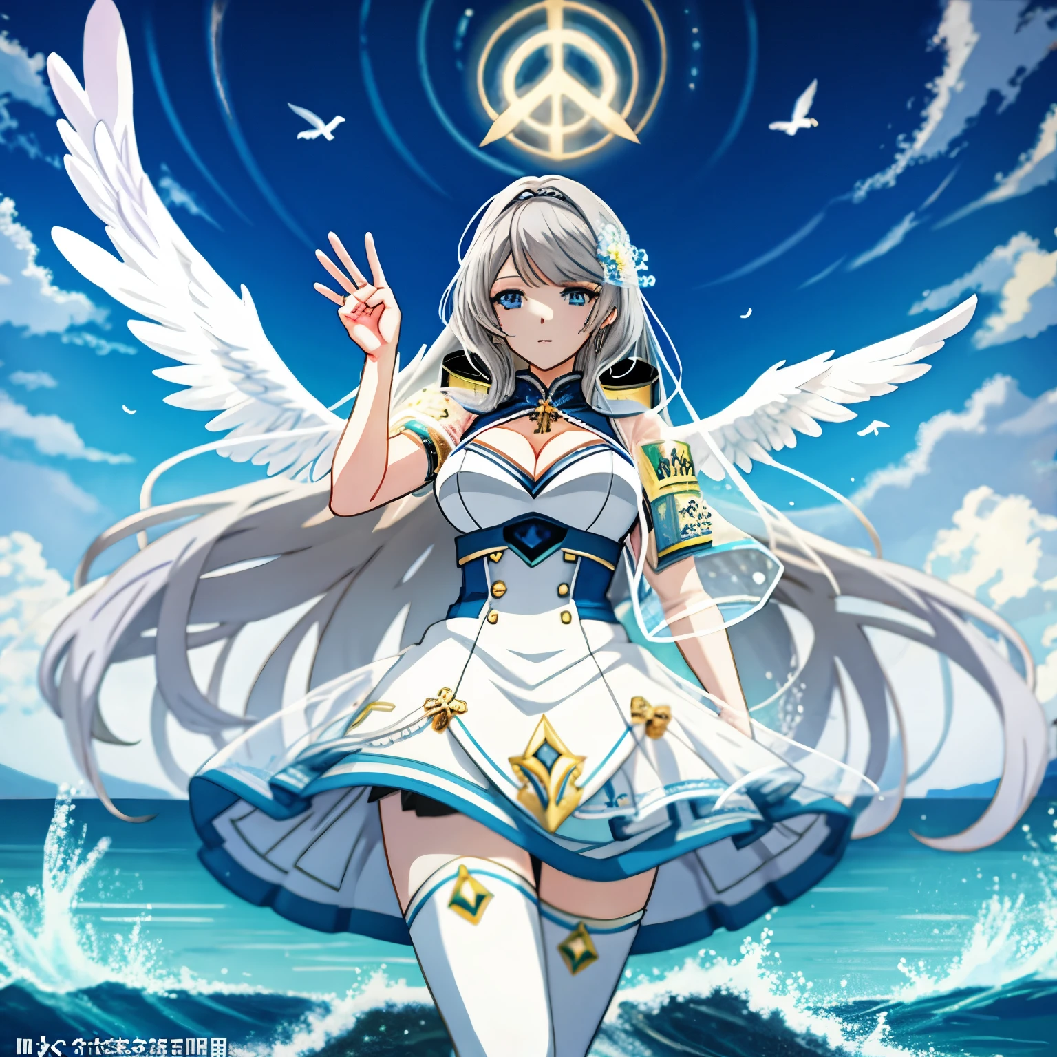 Weapon: (((Absolut Terra Shield (with the power to protect mind and body1:1.6))) BREAK
Illustration Enhancement: (masterpiece, best quality), (ultra-detailed), super high resolution, (Top Quality photorealistic Illustration), (Super Definition), (cute illustration:1.3), (high Saturation:1.2), detailed beautiful face and eyes, (an extremely delicate and beautiful), (nice hands, perfect hands), (appropriate posture), (appropriate configuration), ideal ratio body proportions BREAK
Theme: Anime Goddess, Enchanting Anime Girl, Peace and Tranquility, Blessing and Protection of Mind and Body BREAK
Number of Characters: 1 BREAK
Wings: Angelic wings (symbolizing peace and protection of the creator) BREAK
Possessions: Symbols of peace and protection of the creator (e.g., charms or amulets) BREAK
Facial Details: Woman with long gray hair and deep blue eyes BREAK
Details of Movement: Hands spread out in a welcoming gesture, holding the Absolut Terra Shield BREAK
Emotion: Calm and reassuring expression BREAK
Perspective: Frontal view BREAK
Composition: Character centered BREAK
Background Details: Tranquil sea and sky, protective symbols drawn in a ring of light BREAK
Costume Details: White and gold dress (symbolizing peace, purity, and protection) BREAK
Body Type: Slim with emphasized cleavage BREAK
Hair Style and Color: Long gray hair BREAK
Light and Shadow: Soft light gently illuminating the character BREAK
Illustration Atmosphere: Anime style BREAK
Worldview: Fusion of Anime and Manga BREAK
Style: Anime Goddess, Enchanting Anime Girl, Beautiful and Attractive Anime Woman, Fine Details. Girls' Frontline, Top-rated on Pixiv, from Girls' Frontline, Kushaalt Krentz Key Art Feminine, Azur Lane Style, Anime Barbie with white stockings, from Azur Lane video game BREAK
Power Words: Artistic, Genius, Perfect, Ultimate, Strongest, Artistic and Perfect AI Illustration, Ultimate and Strongest AI Illustration BREAK
Image Quality: absurdres, highest quality, photorealistic, hyper-real, ult