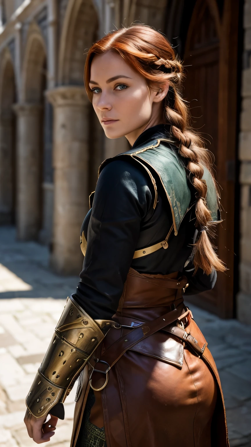 Same woman in the same clothing, full body dynamic action pose turned around to face camera, fully clothed, no , walking through medieval market, fix eyes, move her left into center of frame, zoom out more and show more of her in frame, 8k resolution, smirk, pull camera back, zoom out, wearing a padded doublet, masterpiece, best quality, 8k, background in focus, detailed texture, detailed cloth texture, beautiful detailed face, determined expression, intricate details, ultra detailed, a european woman in her mid 30s, green eyes, red auburn hair in a french braid, 3D character, Medieval, no helmet, 1 woman, Medieval woman with a braid, full view a female warrior, medieval female warrior, very beautiful warrior woman, female character with a determined look and smirk, female warrior, fantasy character, very beautiful woman top model, detailed matte fantasy, beautiful female warrior, full view