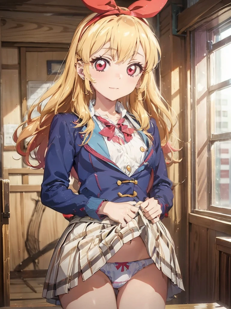 a beautiful female nurse kneeling in a hospital, dressed in nurse's uniform, 1girl, nurse, breasts, nurse cap, solo, blonde hair, thighhighs, cleavage, smile, choker, large breasts, long hair, red eyes, looking at viewer, hat, kitagawa marin, jewelry, black choker, black thighhighs, grin, earrings, piercing, ear piercing, bangs, collarbone,Marin Kitagawa ,Ichigo Hoshimiya (Aikatsu!),lol_i