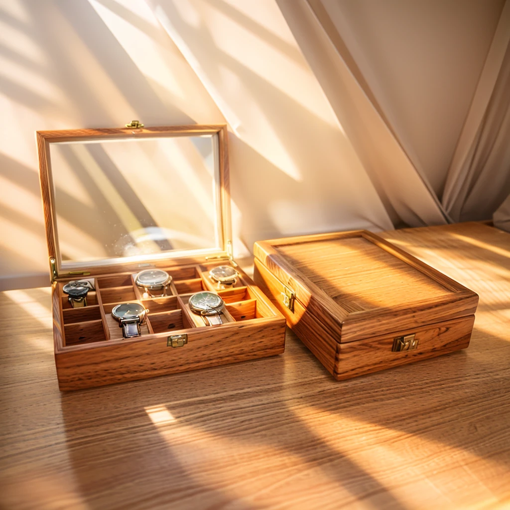 In this cozy room,A ray of sunlight shone on the table through the half-drawn curtains,Let the wood grain on the watch storage case shine with a faint sheen。There is a calm and serene atmosphere in the surrounding air。Several still lifes hang on the walls of the room,It adds a touch of elegance to the space。And on the other side of the room,A half-open window lets the breeze blow in,The pages on the small desk by the window flipped in the wind,This quiet scene gives a sense of tranquility and comfort。