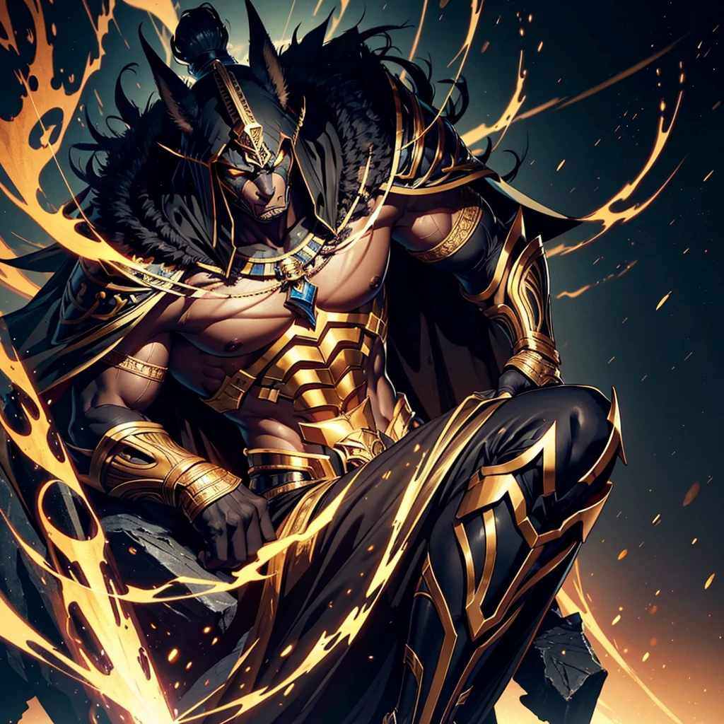 a highly detailed egyptian god of death, extremely tall, muscular and masculine death god, black jackal headed human body, god anubis, wearing  bright shiny white and gold metallic battle royal mantle armorsuit , with an air-flowing black cape,sitting on the throne of hell in badass leg on leg position , epic , cinematic lighting, ultra-detailed 8k, dslr quality, best quality, photorealistic, cinematic, dramatic, concept art style, moody, dynamic, muscular, imposing, powerful, majestic, heroic, 8k, dslr, high details, ultra hd