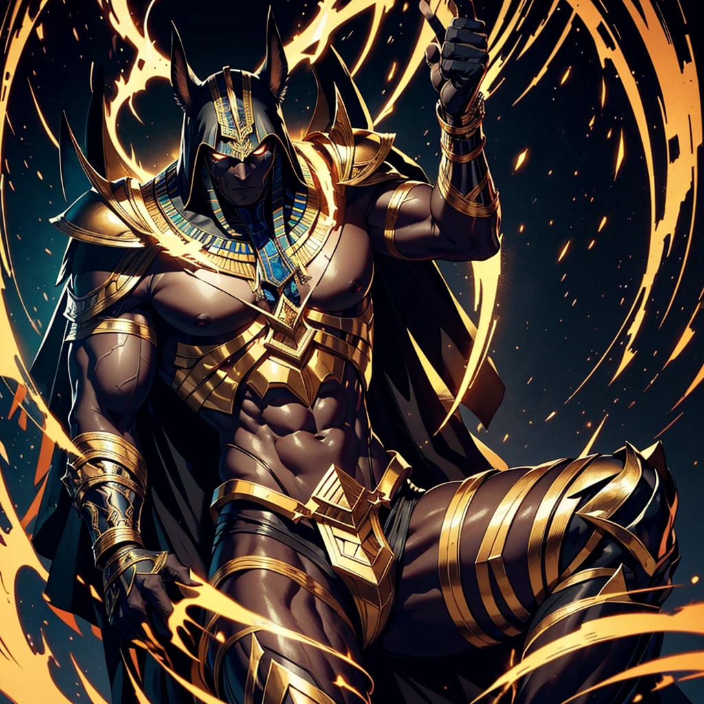 a highly detailed egyptian god of death, extremely tall, muscular and masculine death god, black jackal headed human body, god anubis, wearing bright shiny white and gold metallic battle royal mantle armorsuit , with an air-flowing black cape,sitting on the throne of hell in badass leg on leg position , epic , cinematic lighting, ultra-detailed 8k, dslr quality, best quality, photorealistic, cinematic, dramatic, concept art style, moody, dynamic, muscular, imposing, powerful, majestic, heroic, 8k, dslr, high details, ultra hd