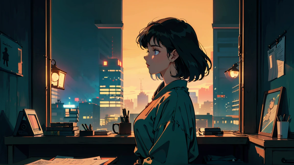Beautiful Asian woman relaxing in the office at night, City night view from the window, Perfect Face, profile, White Taylormade, Melancholy, Neon Black, (Backlight: 1.1), A scene from a movie, Hard Shadows, masterpiece, Highest quality, Complex, Model shooting style, Vintage, Film Grain, Blue tones, Wide Shot