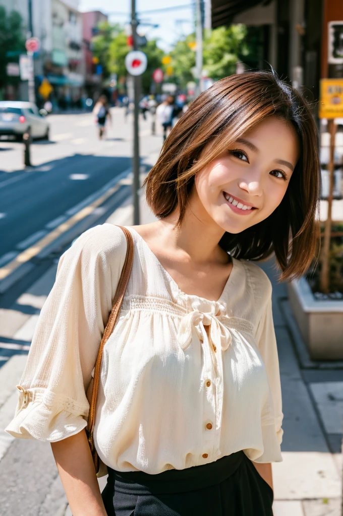 ((Highest quality)), ((masterpiece)), (detailed), Japanese,Beauty,Street Corner,OL,blouse,smile,valley