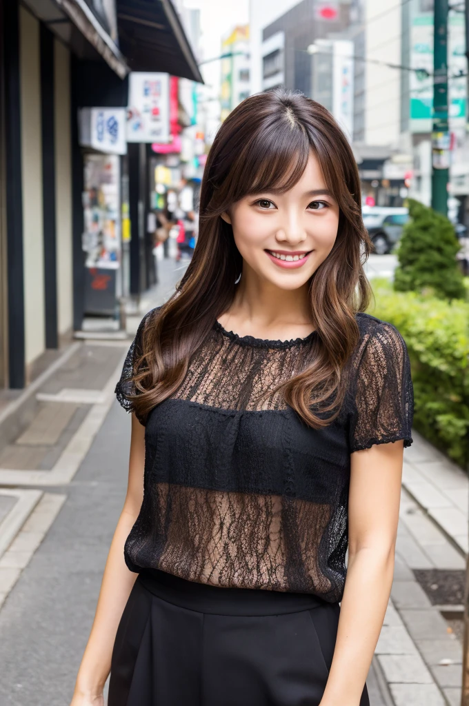 ((Highest quality)), ((masterpiece)), (detailed), Japanese,Beauty,Street Corner,OL,blouse,smile,valley