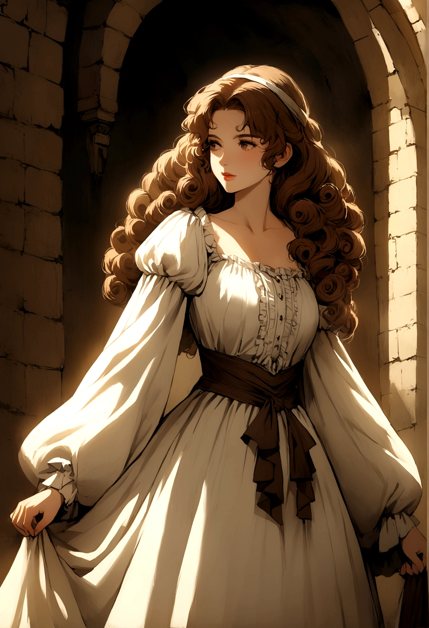 a woman, in clothes from the 1915 period, with a touch of medieval times, a large dress, curly hair, brown hair color, and white clothing color