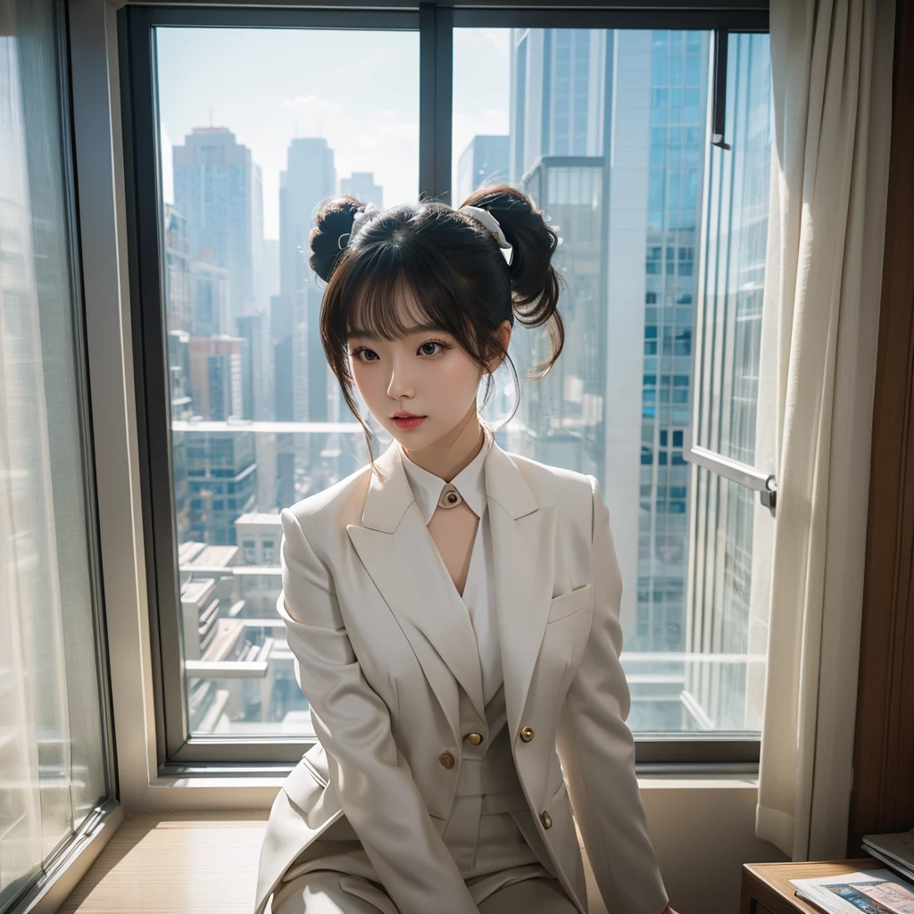 a beautiful Chinese girl, side pony hairstyles, white stunna suit, slacks, office, transparent big window, cozy, buildings view, intricate details, hyper realistic, 8k, photorealistic, cinematic lighting, vibrant colors, elegant, serene, masterpiece