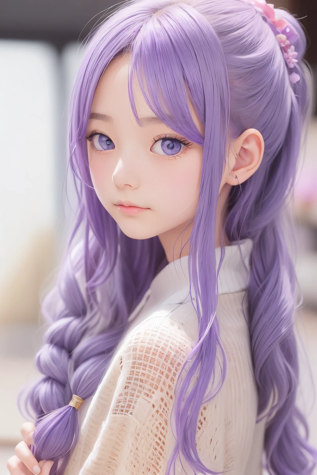 ((Hair color is purple : 1.3)), Her hairstyle is a bun(Chignon)A very large ribbon is tied to。When you remove the ribbon, your hair is long.。
With piercing eyes、The pupils may be dilated。
Tall and stylish、Being beautiful is admired by the same sex.、Even my grandpa is in love with me.。