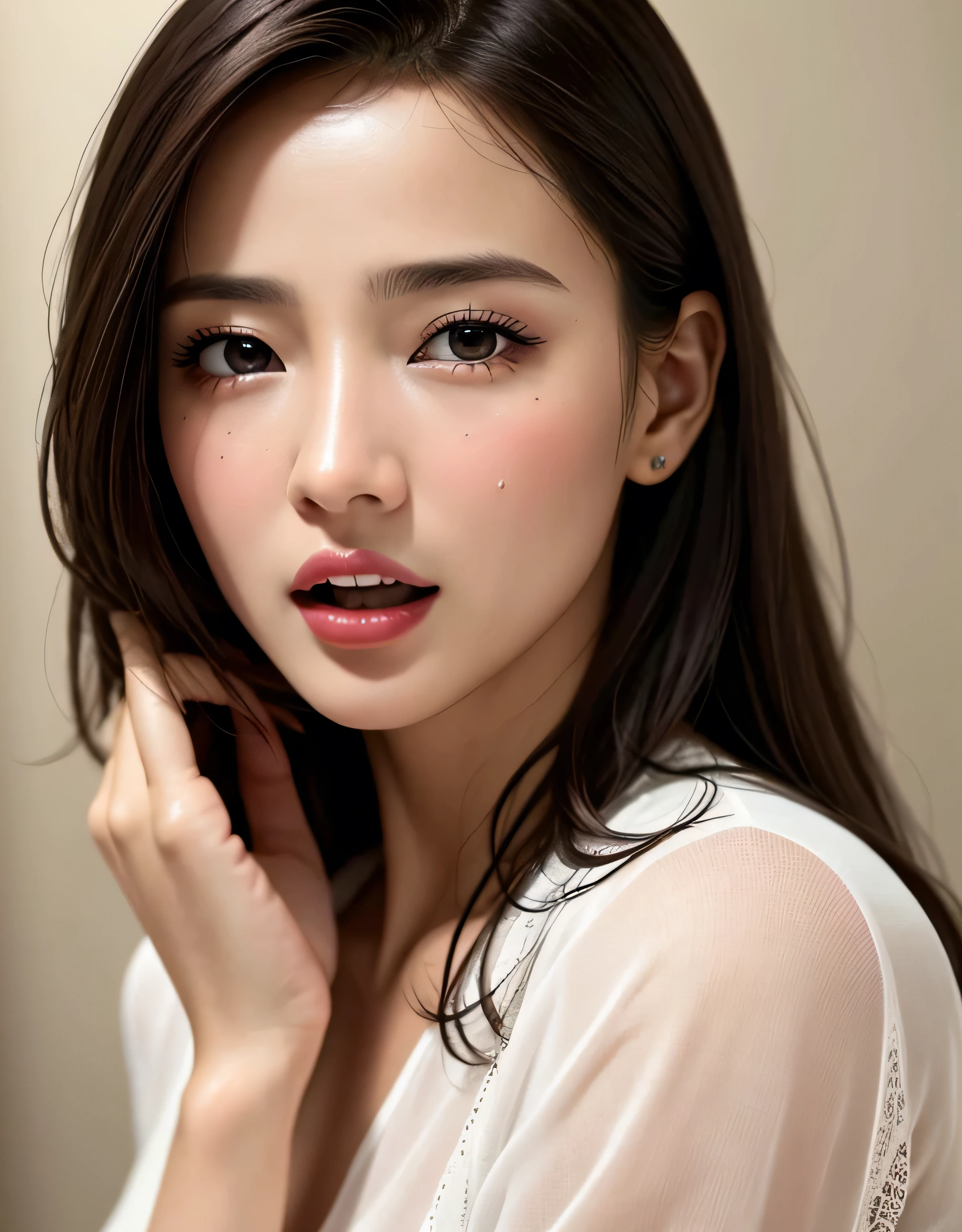 Highest quality、16K high resolution、Super detailed、masterpiece、Live Shooting、Photorealistic:1.4、Hyperrealism:1.4、Sharp focus、Very delicate and beautiful、Fine details、Super beautiful face、Woman with open mouth、Sweat、Beautiful brown eyes、woman with edge orgasm_face、perfecteyes eyes