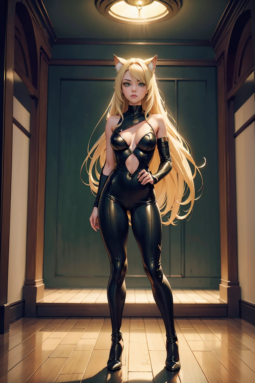 (((full body photo))),, girl, long blonde hair, flowing blonde hair, cat ears, green eyes, in a superhero costume with leggings, masterpiece, high quality, ((Full body photo, standing, on the floor)) (artwork, maximum quality, best quality, official art, beautiful and aesthetic:1.2), (1 girl:1.4), extremely detailed, Losing money, Sensual, Full body, sensual pose, almost naked