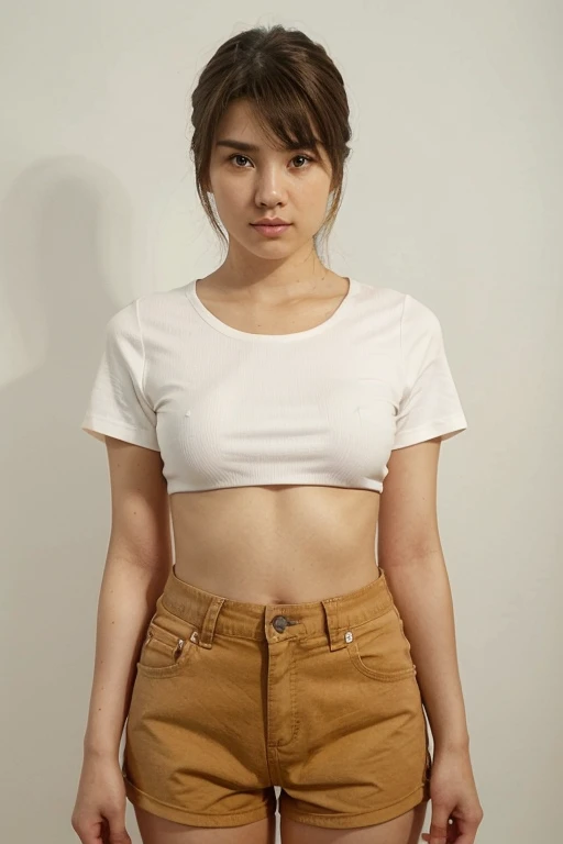 (1girl). (body facing the camera in front). (Focus front body). body front to facing the camera.  front view photo, front body photo. (Focus view front body). upright photo results. 

(different a girl faces, America, Russia, Korea, Japan, Ukraine, Indonesia, Philippines, Turkey).

(view front body, various styles and hairstyles).

(a girl with a different top, different shorts).  Different color top and shorts. 1girl.
