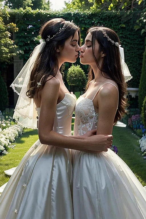 ((best quality)), ((masterpiece)), (detailed), 13-year-old girl, sheer wedding dress, in a garden, kissing her mother, 
