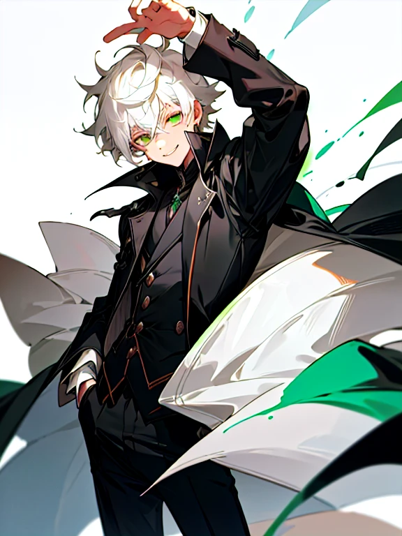 Best Quality,Masterpiece,detailed, Boy with white hair, short hair, green white eyes, elegant black trench coat, Black pants, messy hair, ojos extremadamente detaileds ,Alone , long cape , proud smile
