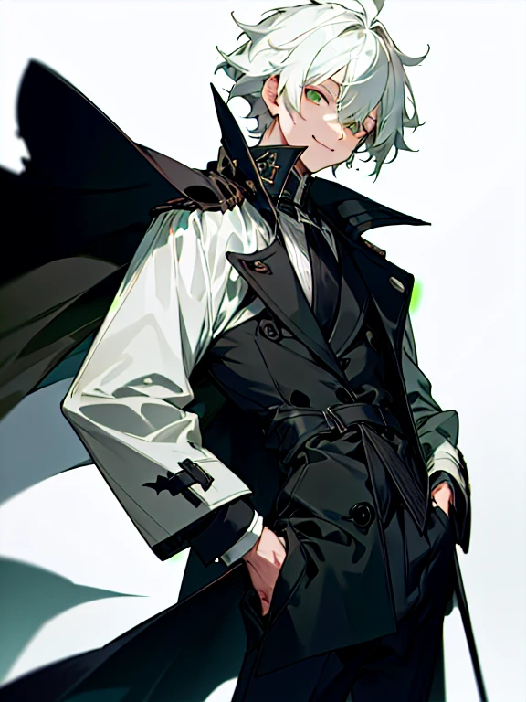 Best Quality,Masterpiece,detailed, Boy with white hair, short hair, green white eyes, elegant black trench coat, Black pants, messy hair, ojos extremadamente detaileds ,Alone , long cape , proud smile