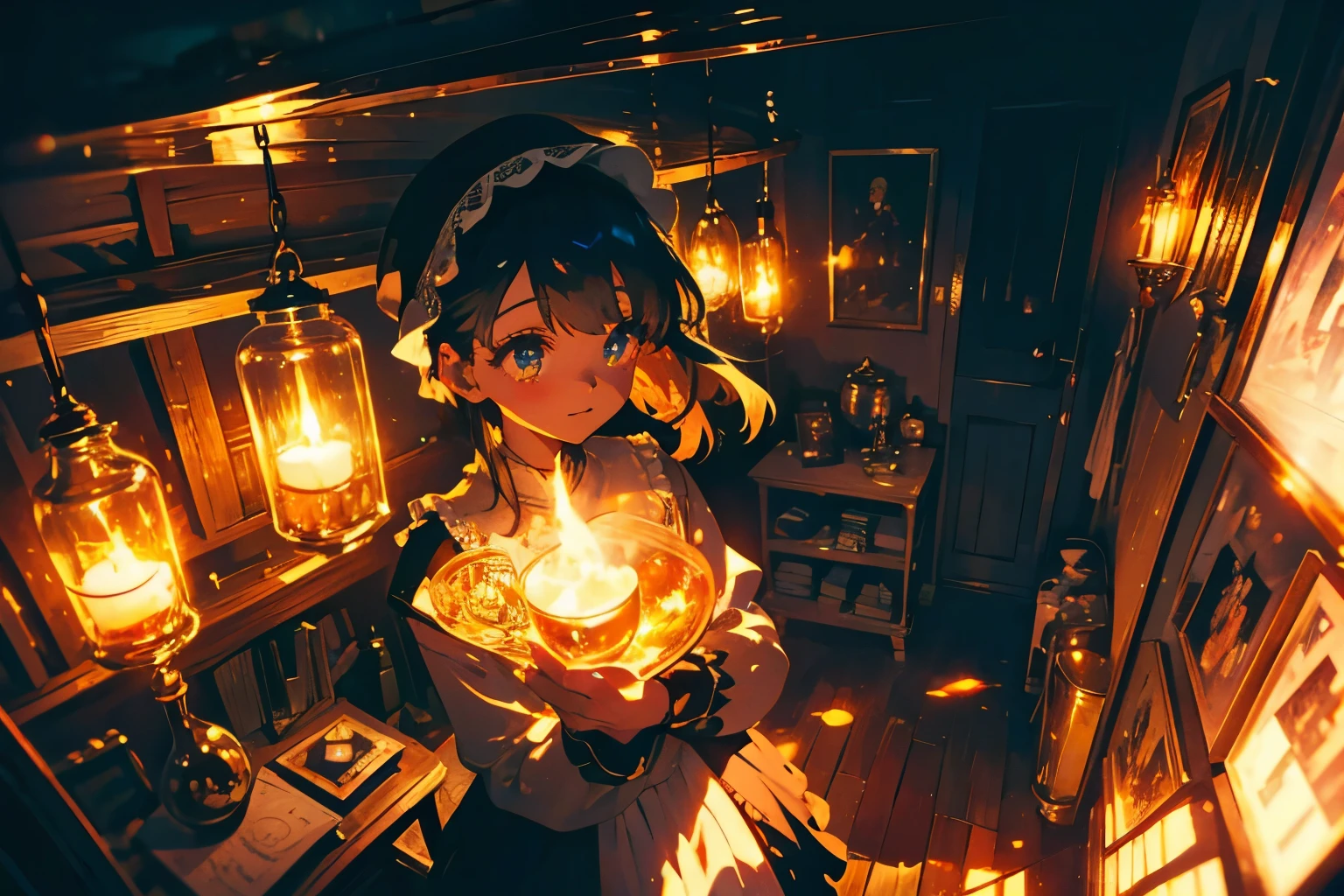 Create a high-quality illustration depicting a beautiful girl in an attic filled with antiques, illuminated by the warm glow of the setting sun. The scene should evoke a sense of nostalgia and enchantment, with intricate details and a dreamy atmosphere. The girl's features should be beautifully rendered, capturing her serene and contemplative expression. The attic should include elements like dusty shelves, vintage furniture, old photographs, and various antique items. The warm hues of the sunset should cast a golden glow over the scene, enhancing the nostalgic and magical feel. Every element should be meticulously crafted to immerse the viewer in a nostalgic and enchanting moment. best quality, masterpiece, expressive eyes, gorgeous, vivid, perfect face, smile, happyness, 2eyes, emotion, detailed pupils, vivid pupils,stunning, life, relfection, peace, warm, compsition, artistic, 4k, wallpaper, bonnet, wind, glowing eyes