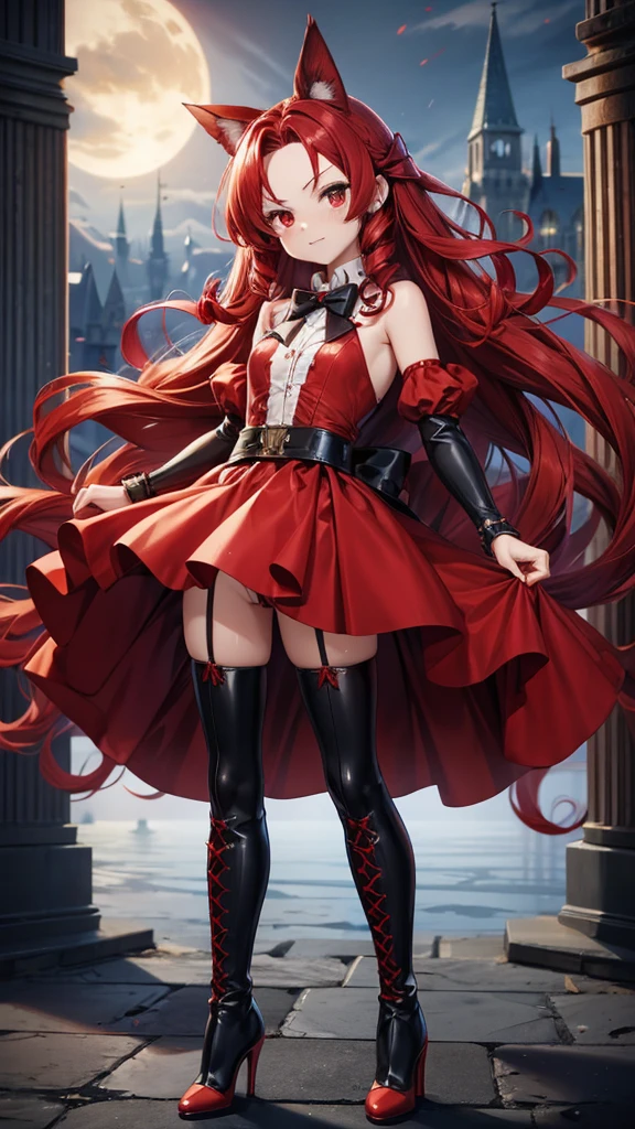 Girl with long red hair spiral curls，vampire，hairpin，small red dress，A big bow tied around the waist， arms， Legs，stockings，High heel boots，Standing，Big castle