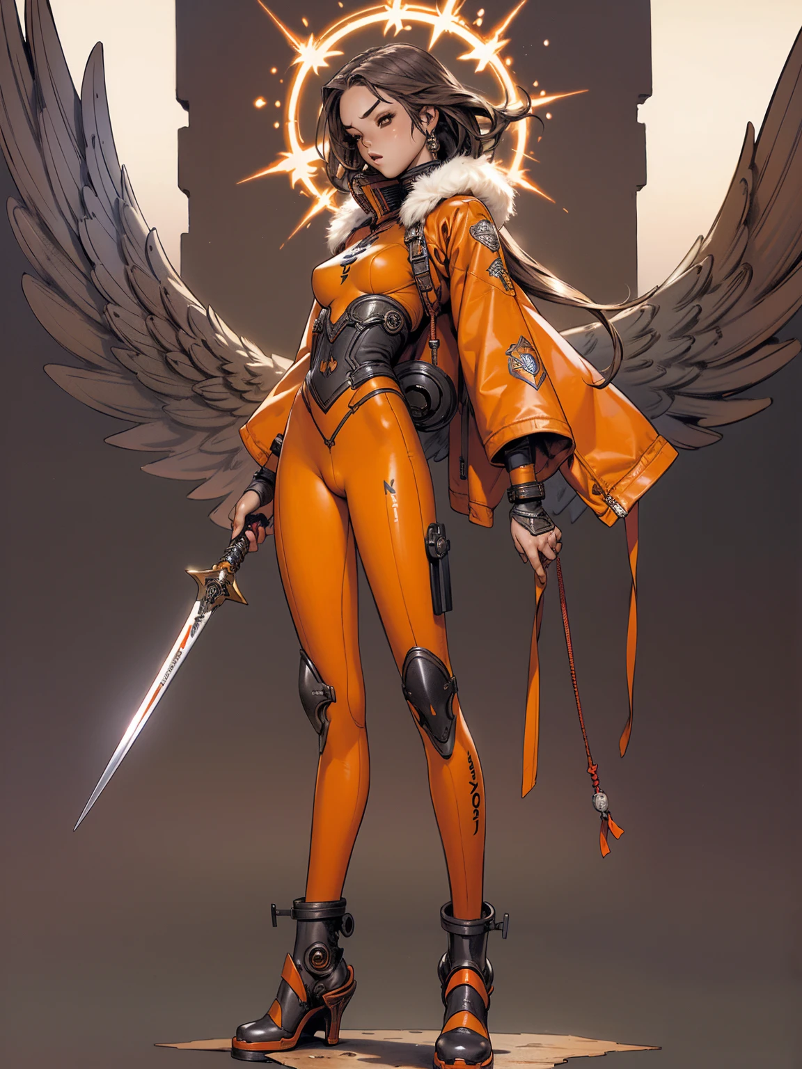 (((Red suit))), (((back view))), (((drawing of a phoenix on the back))), (((perfect ass))), (((best qualityer: 1.4))), (((standing backwards))), (((DuneWalker))), (((post-apocalypse))), (Unbeatable masterpiece), (hiper HD),(CG 8k hyper-realistic), (((breasts big))), (((hyper feminine))), sensuous girl, (bob hair with straight bangs), ((( sculptural body ))), (((1 girl))), 20 year anime girl with perfect body, Beautiful and well-groomed face, slanted eyes, muscular body:1.2, costume with textured details in pixel art, (Head to thigh photoodern samurai pants, Complex equipment, rot, cerulean, yellow, orange, Violette, long pants,Tight, dark clothes,With white stars and white stripes, Metal parts in armor, afro girl, (((standing alone))), pirralha violent, (((14歳))), sensuous, pose de atitude, work of art, post-apocalypse, (((manga style))), Bounty Hunter, violent, Manic, the way you want, slenderbody, thin but strong, perfectbody, roupa moderna, Advanced technology, short shorts with checkered pattern in red and black, fur collar jacket, sleeves with vertical striped pattern, neutral background
