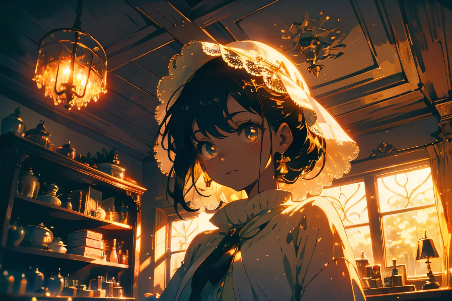 Create exquisite illustrations reminiscent of Makoto Shinkai's style, It has ultra-fine details and top-notch quality. Create a high-quality illustration depicting a beautiful girl in an attic filled with antiques, illuminated by the warm glow of the setting sun. The scene should evoke a sense of nostalgia and enchantment, with intricate details and a dreamy atmosphere. The girl's features should be beautifully rendered, capturing her serene and contemplative expression. The attic should include elements like dusty shelves, vintage furniture, old photographs, and various antique items. The warm hues of the sunset should cast a golden glow over the scene, enhancing the nostalgic and magical feel. Every element should be meticulously crafted to immerse the viewer in a nostalgic and enchanting moment. best quality, masterpiece, expressive eyes, gorgeous, vivid, perfect face, smile, happyness, 2eyes, emotion, detailed pupils, vivid pupils,stunning, life, relfection, peace, warm, compsition, artistic, 4k, wallpaper, bonnet, wind, glowing eyes