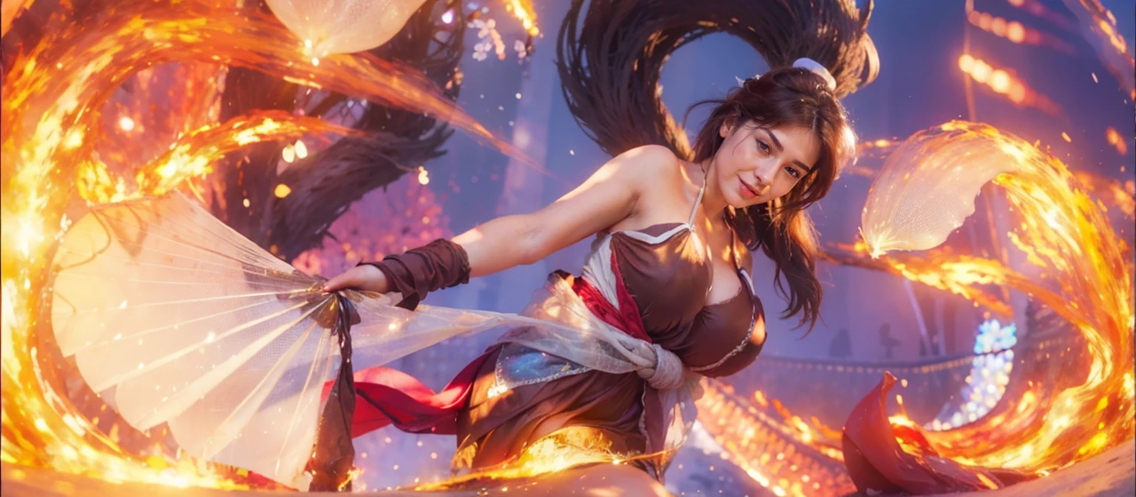 best quality,4k,8k,highres,masterpiece:1.2,ultra-detailed,photorealistic:1.37,landscape,portraits,professional,sharp focus,vivid colors,HDR,physically-based rendering,bokeh,studio lighting,extreme detail description,realistic digital painting,Northern Lights,snow-capped mountains,crystal clear lake,swaying pine trees,serene atmosphere,majestic beauty,sunlight pouring through clouds,subtle color transitions,delicate brushstrokes,dramatic depth of field,peaceful solitude,harmonious color palette,ethereal glow,meticulous attention to detail,audience captivated,breathtaking scenery,impeccable level of realism,awe-inspiring landscape,serenity depicted in every stroke,(large D breast and exsposed cleavage: 1.6),naughty smile,red lips,bright yellow eyes,