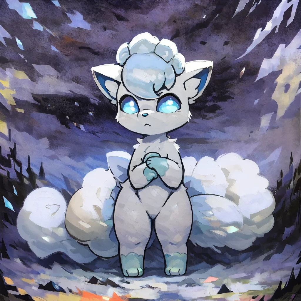 Vulpix, 1girl. cute, arctic, alolan vulpix, blue eyes, shiny, standing, star cloud background.