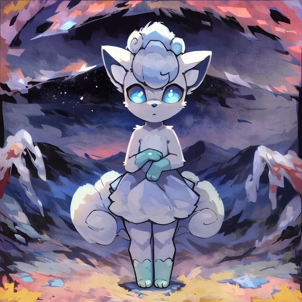 Vulpix, 1girl. cute, arctic, alolan vulpix, blue eyes, shiny, standing, star cloud background.