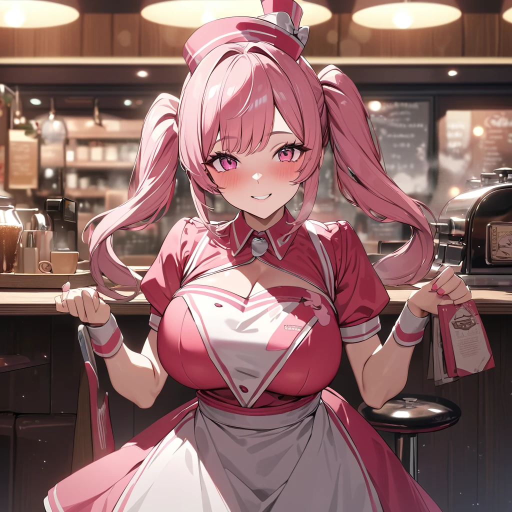 A woman wearing a red 50s waitress uniform with a white stripe, a 50s waitress hat, standing in a very detailed 50s coffee shop, hot pink hair, with silver fringes, gray bangs, multi hair, pink eyes, smiling , close view, big breasts, pigtails.UHD , prime work , accurate , anatomically correct , textured skin , super details , high quality , best quality, 8k, high resolution, bokeh effect. (woman alone)