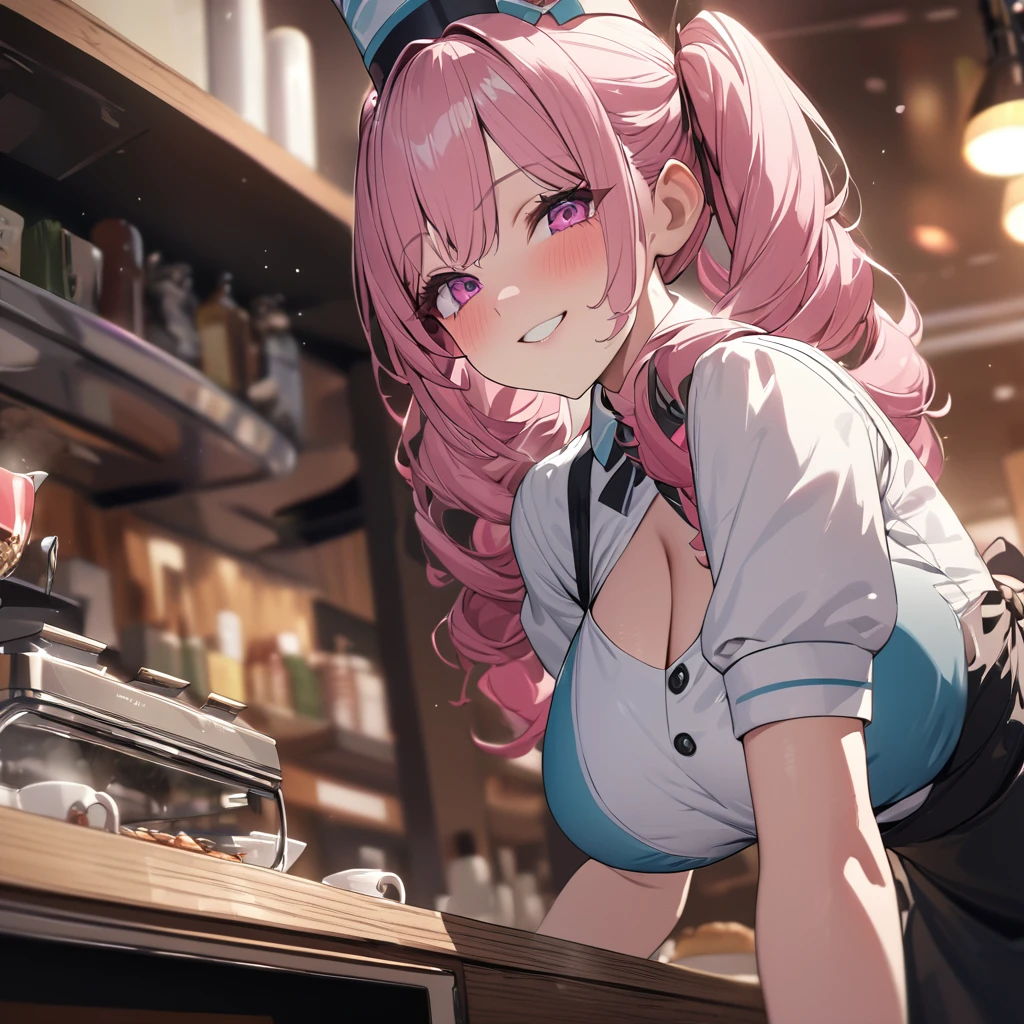 A woman wearing a red 50s waitress uniform with a white stripe, a 50s waitress hat, standing in a very detailed 50s coffee shop, hot pink hair, with silver fringes, gray bangs, multi hair, pink eyes, smiling , close view, big breasts, pigtails.UHD , prime work , accurate , anatomically correct , textured skin , super details , high quality , best quality, 8k, high resolution, bokeh effect. (woman alone)
