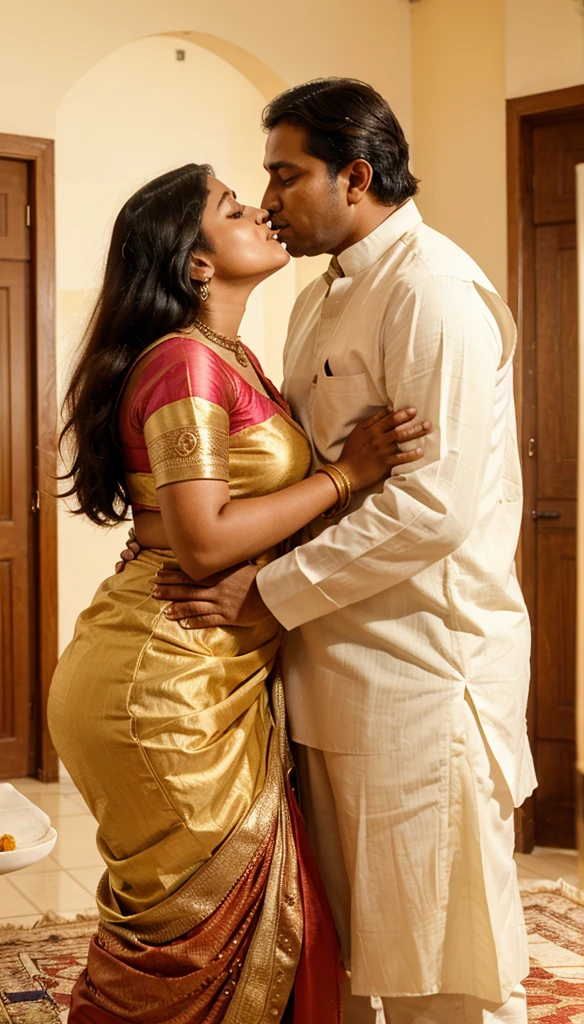 35mm film photography, A middle-aged Caucasian man with short dark hair tenderly embracing and kissing a young, curvaceous South Indian bride dressed in a traditional Indian dawani in a comfortable living room. A group of three Caucasian men observing the couple., high detail, split gradient colors background, full body image 