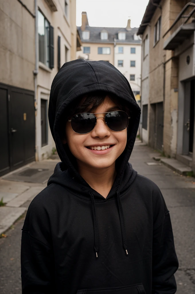 A boy wears a plain black hoodie with sunglasses with a smiling  expression
