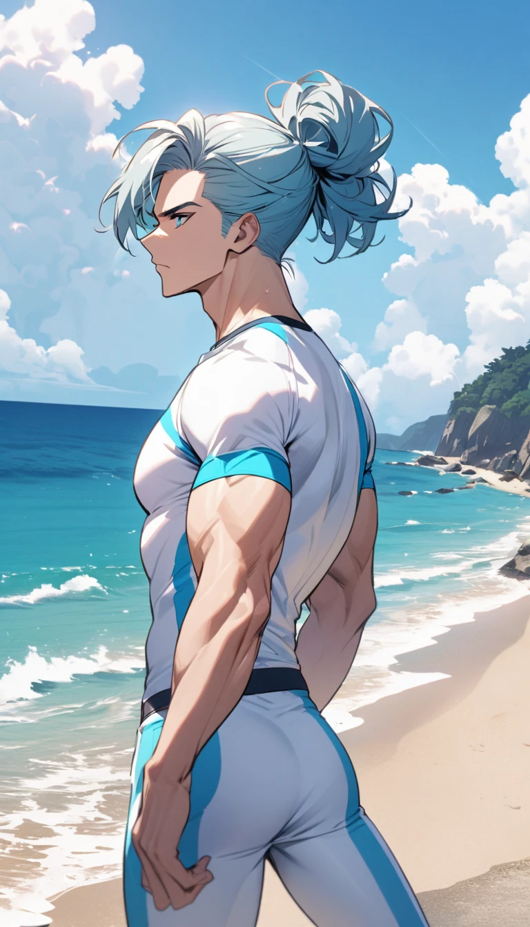 A muscular man wearing a sky blue and white fitness outfit,Cool hairstyle,Beach,Sky