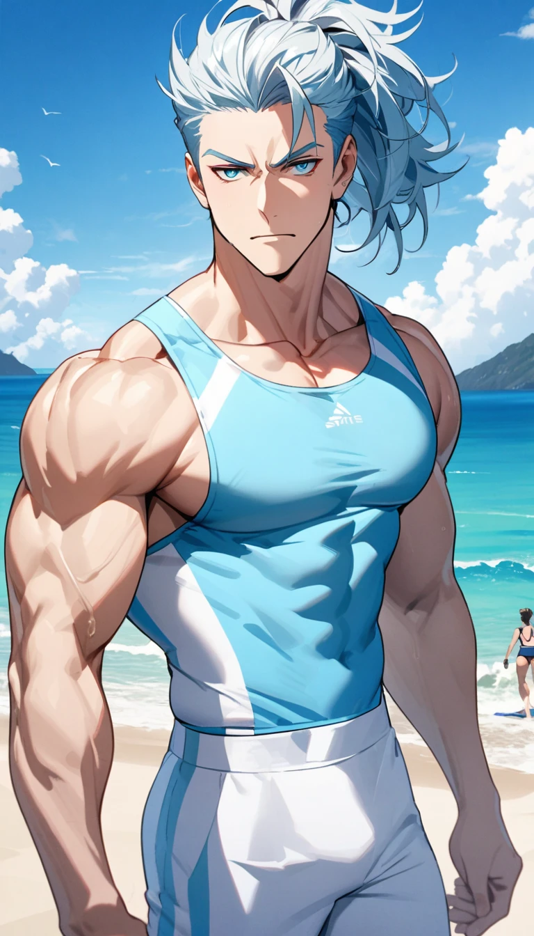 A muscular man wearing a sky blue and white fitness outfit，Cool hairstyle，Beach，Sky