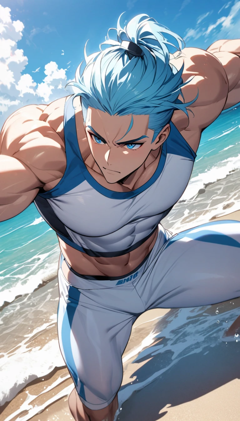 A muscular man wearing a sky blue and white fitness outfit，Cool hairstyle，Beach，Sky