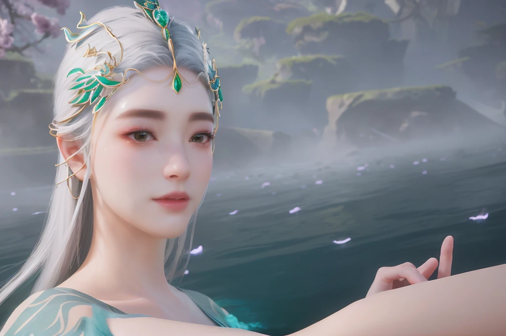 There was a woman，Gray hair，Wearing green clothes, Unreal Engine Rendering + goddess, Queen of the Sea Mu Yanling, fantasy style 8 k octane render, Meticulous rendering, 4K detail fantasy, closeup fantasy with water magic, 8K portrait rendering, Beautiful fantasy queen, realistic fantasy rendering, 3D Rendering Character Art 8k