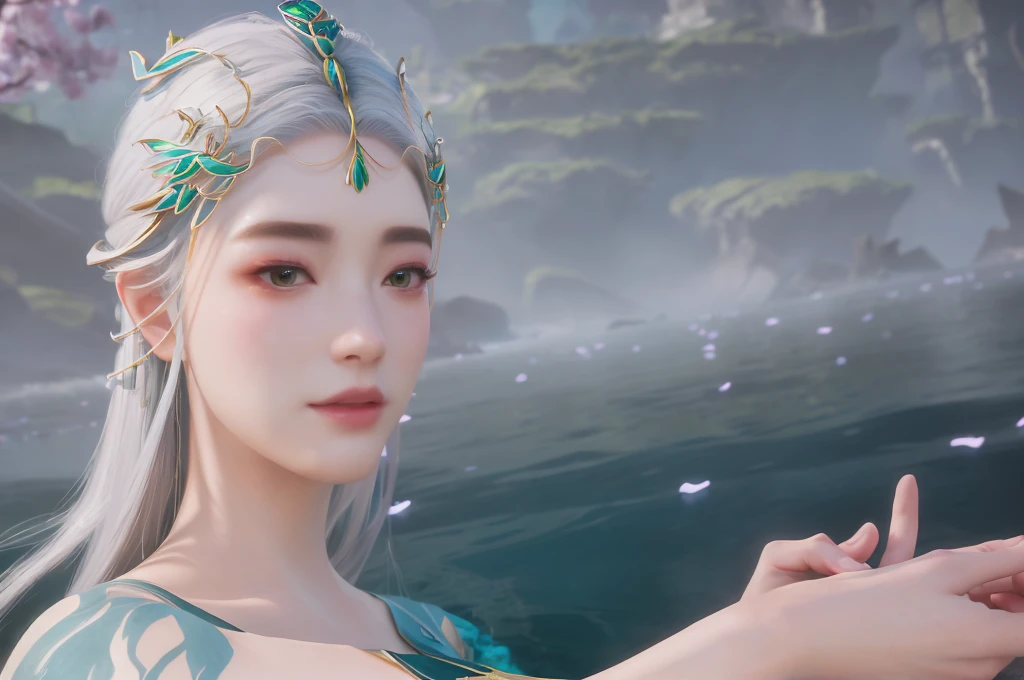 There was a woman，Gray hair，Wearing green clothes, Unreal Engine Rendering + goddess, Queen of the Sea Mu Yanling, fantasy style 8 k octane render, Meticulous rendering, 4K detail fantasy, closeup fantasy with water magic, 8K portrait rendering, Beautiful fantasy queen, realistic fantasy rendering, 3D Rendering Character Art 8k