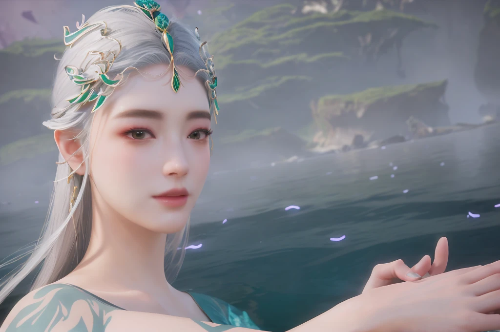 There was a woman,Gray hair,Wearing green clothes, Unreal Engine Rendering + goddess, Queen of the Sea Mu Yanling, fantasy style 8 k octane render, Meticulous rendering, 4K detail fantasy, closeup fantasy with water magic, 8K portrait rendering, Beautiful fantasy queen, realistic fantasy rendering, 3D Rendering Character Art 8k
