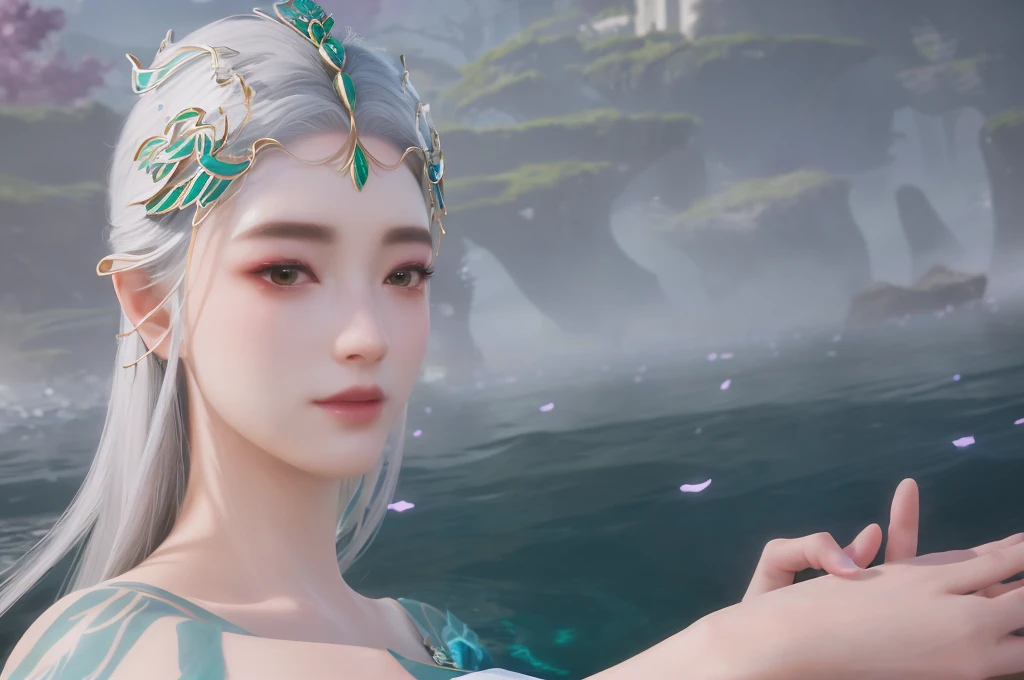 There was a woman，Gray hair，Wearing green clothes, Unreal Engine Rendering + goddess, Queen of the Sea Mu Yanling, fantasy style 8 k octane render, Meticulous rendering, 4K detail fantasy, closeup fantasy with water magic, 8K portrait rendering, Beautiful fantasy queen, realistic fantasy rendering, 3D Rendering Character Art 8k